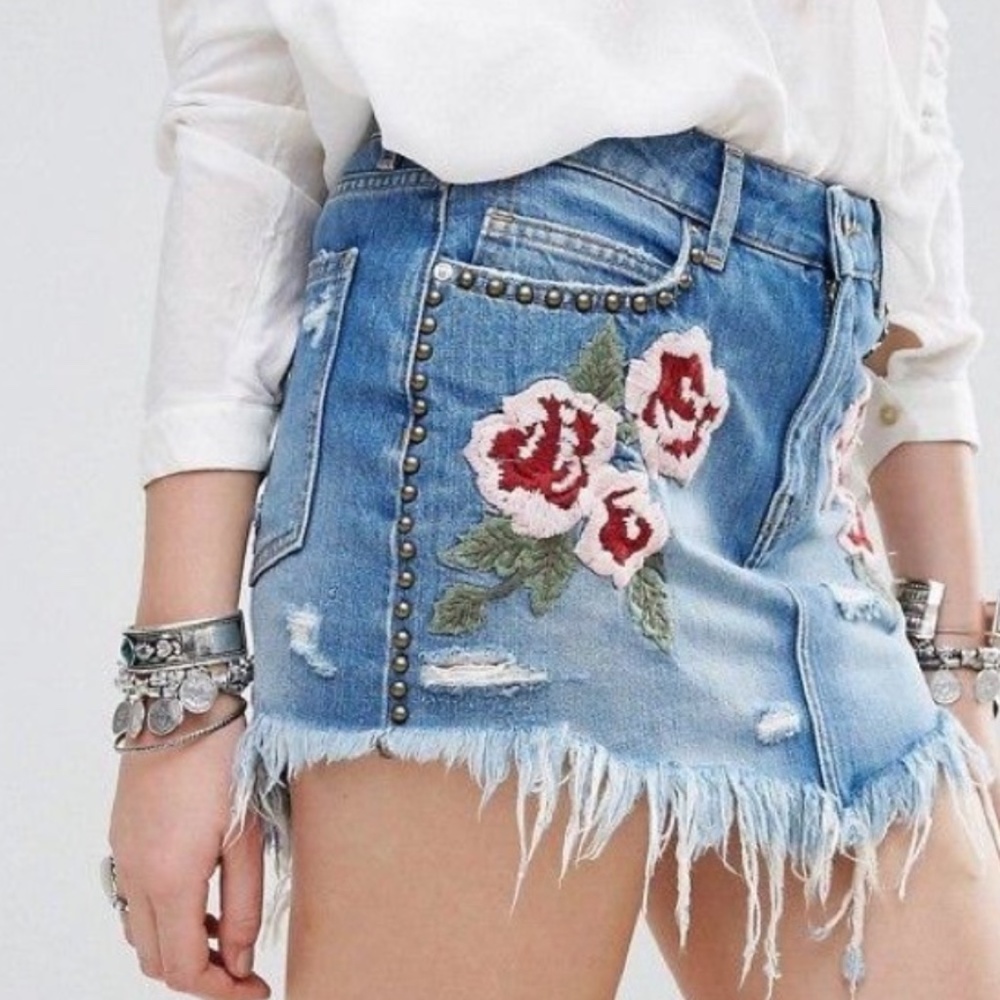 Free People Demin Skirt with Stitched Flowers